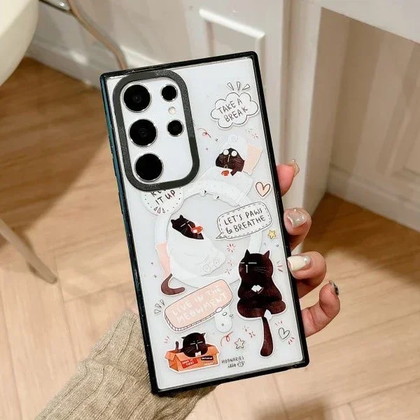 Black Cat MagSafe Acrylic Black Border Protective Case for Samsung Galaxy S24 U S23U S22 Ultra Shell