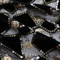 1yard Black High-density Mesh Gauze Fabric Flannel Cloth Beads Sequin Embroidery Fabric Cheongsam Dress Geometric Lace