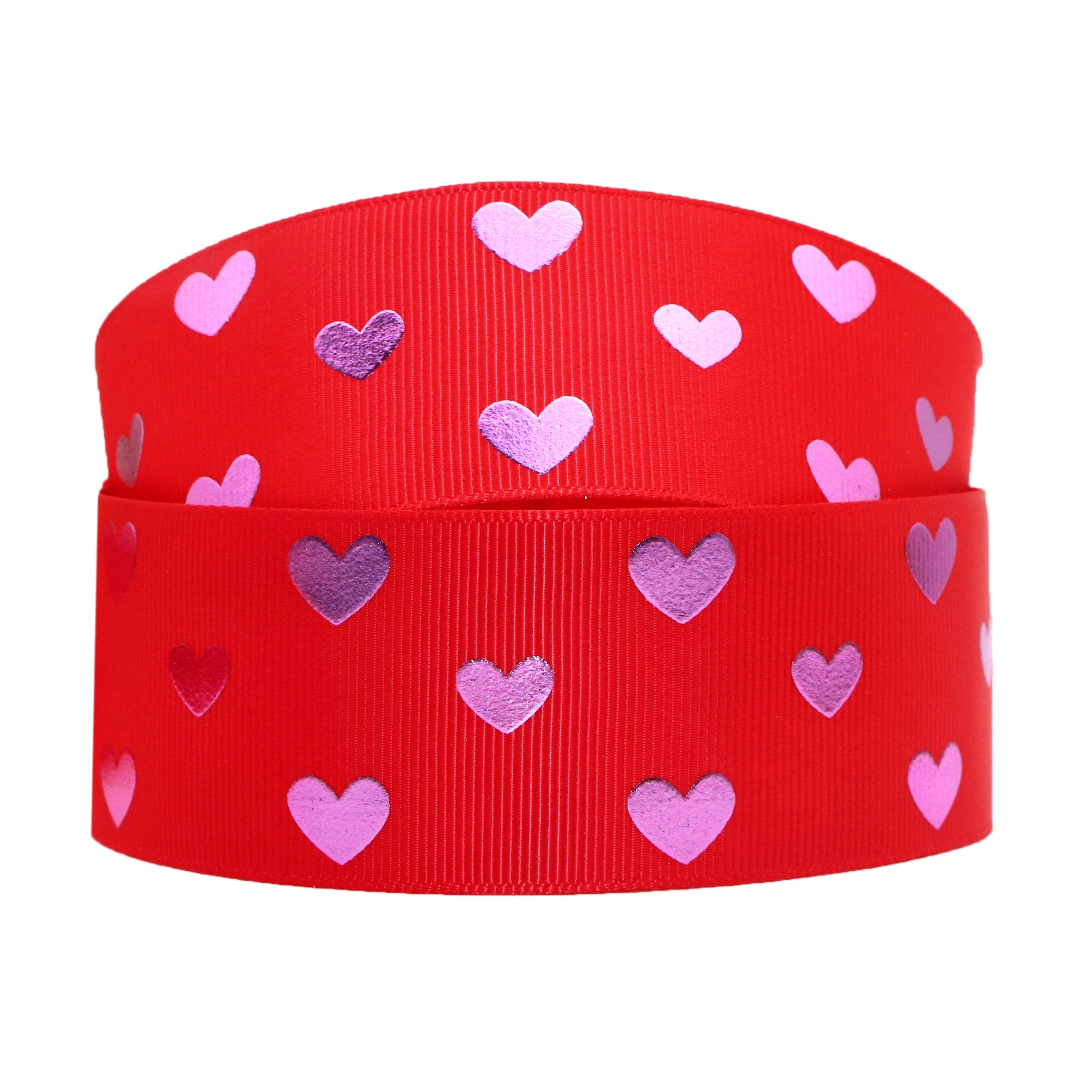 1 Rollo, 1.5 Pulgadas/38mm X 5 Yardas/rollo, Cinta Grosgrain Roja y Rosa con Estampado de Corazones Rosados
