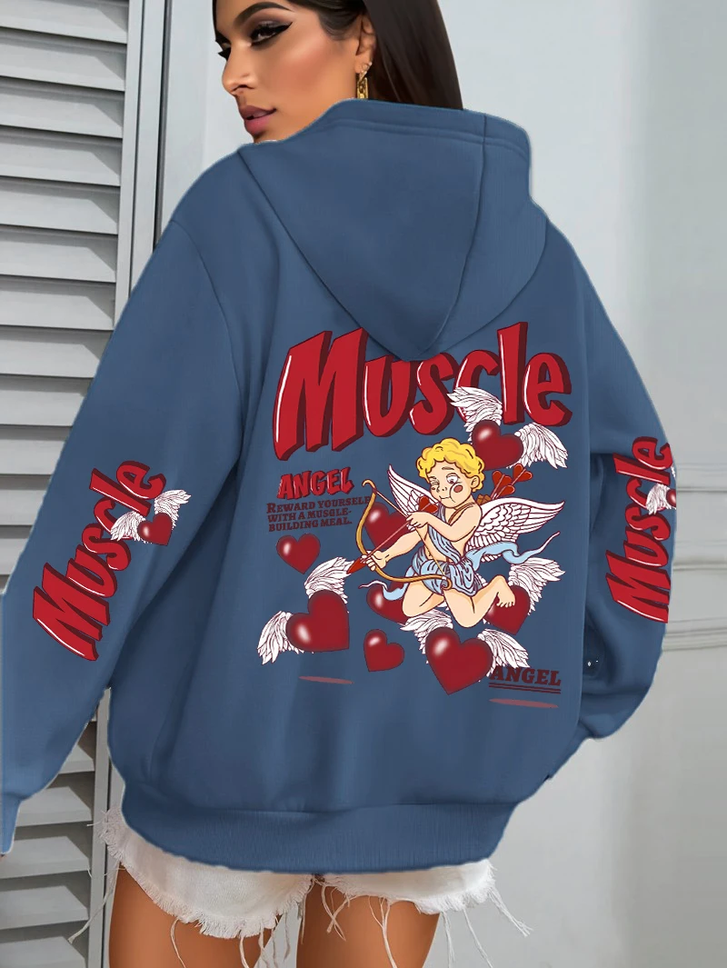 Damska bluza z kapturem z nadrukiem aniołów strzelających strzałami w stronę miłości, codzienna bluza z kieszeniami, jesienne ubrania uniwersalne, wygodna bluza polarowa Y2K