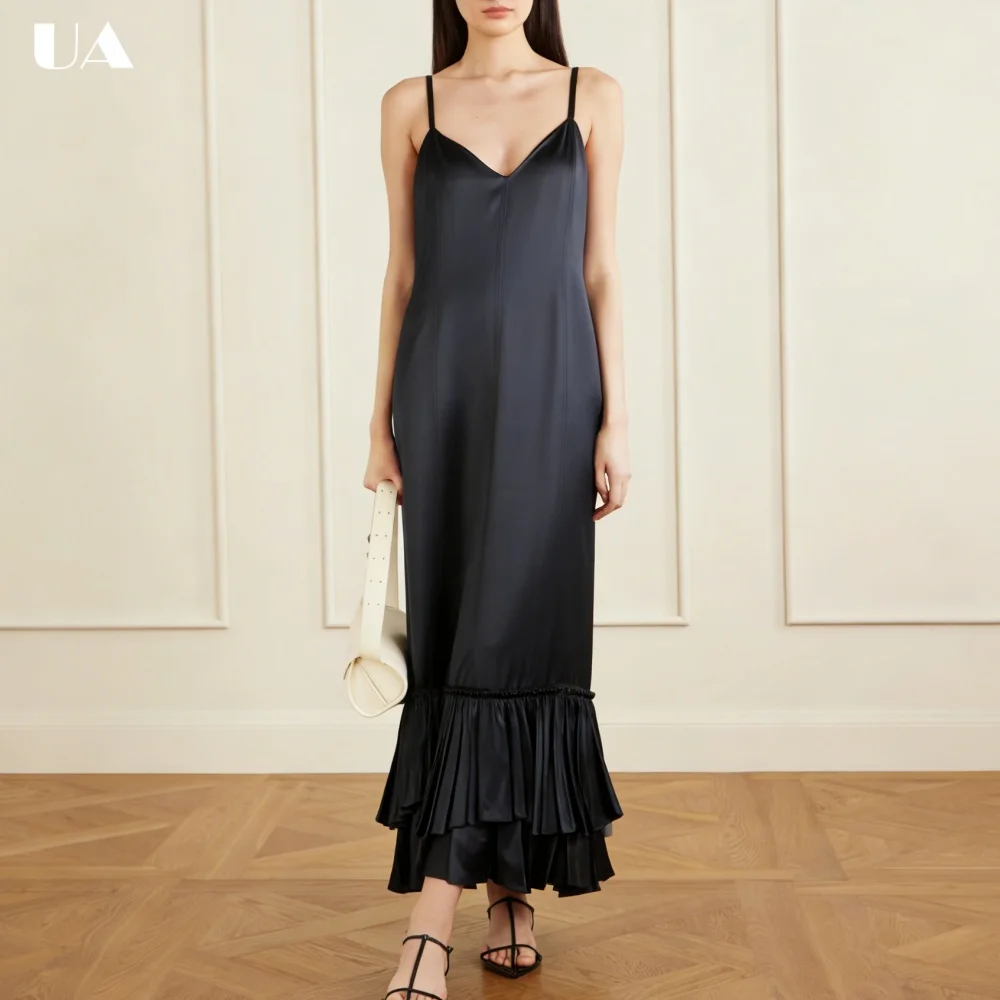 

ULBYANRY Customized Satin Straight Prom Dresses for Women, Elegant Deep V-neck Evening Dress, Solid Spaghetti Strap Party Dress