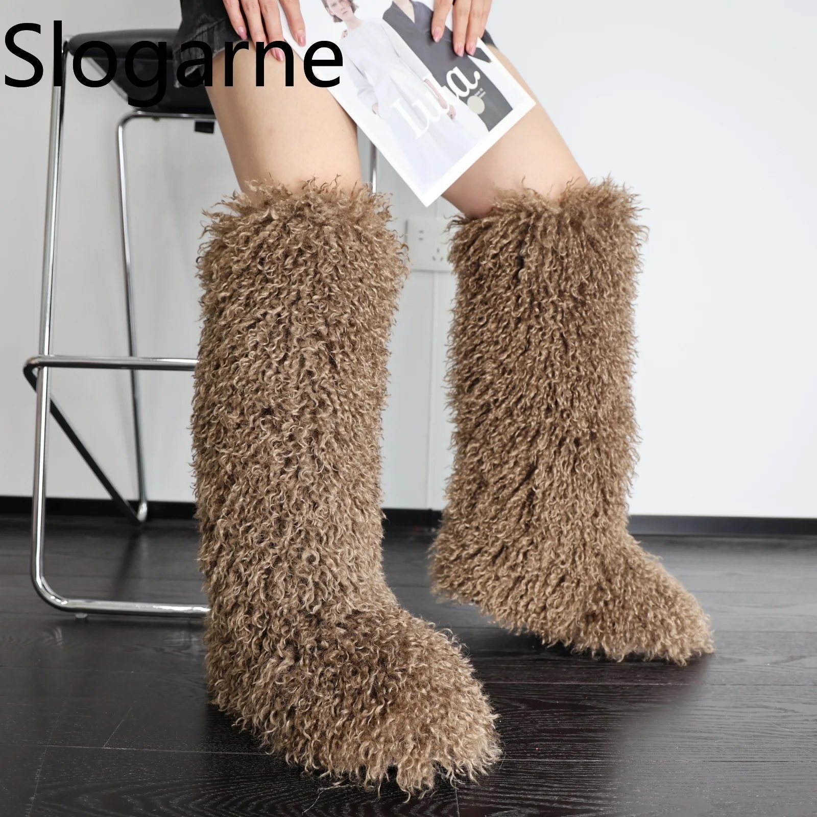 Luxury Winter Faux Fur Knee High Boots Women Wool High Tube Fur Snow Boots Fluffy Faux Mongolian Fur Platform Shoes Girls Boots - view 2