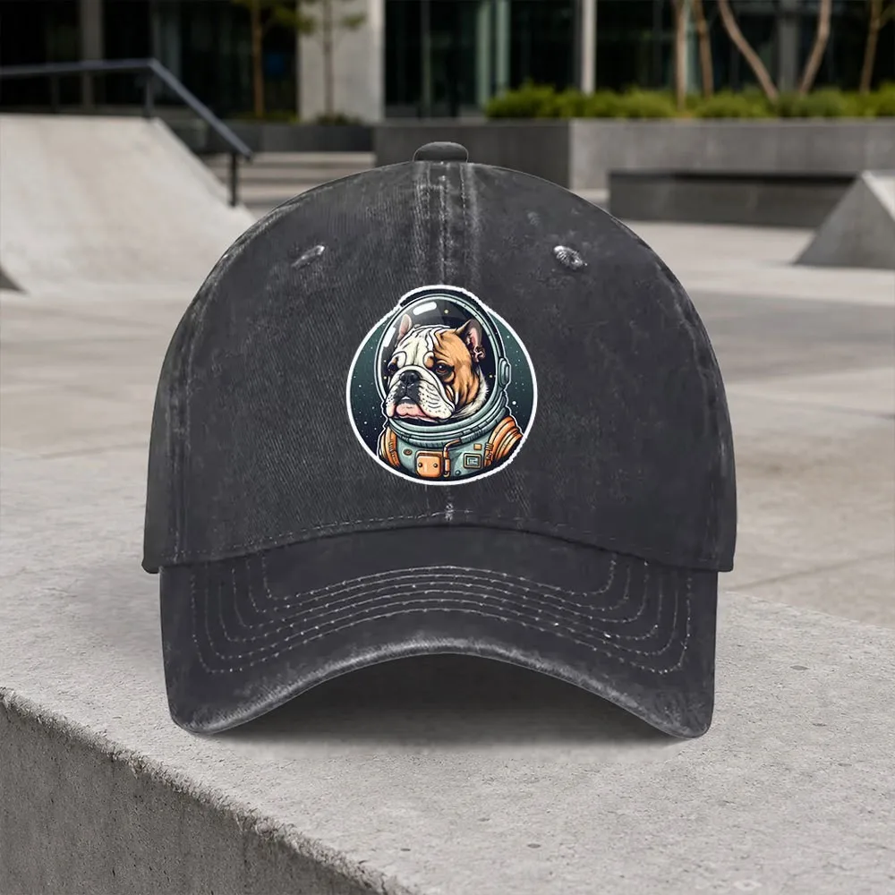 Vintage Space Bulldog Washed Baseball Cap Unisex Adjustable All-Season Casual Cap for Outdoor Daily Wear