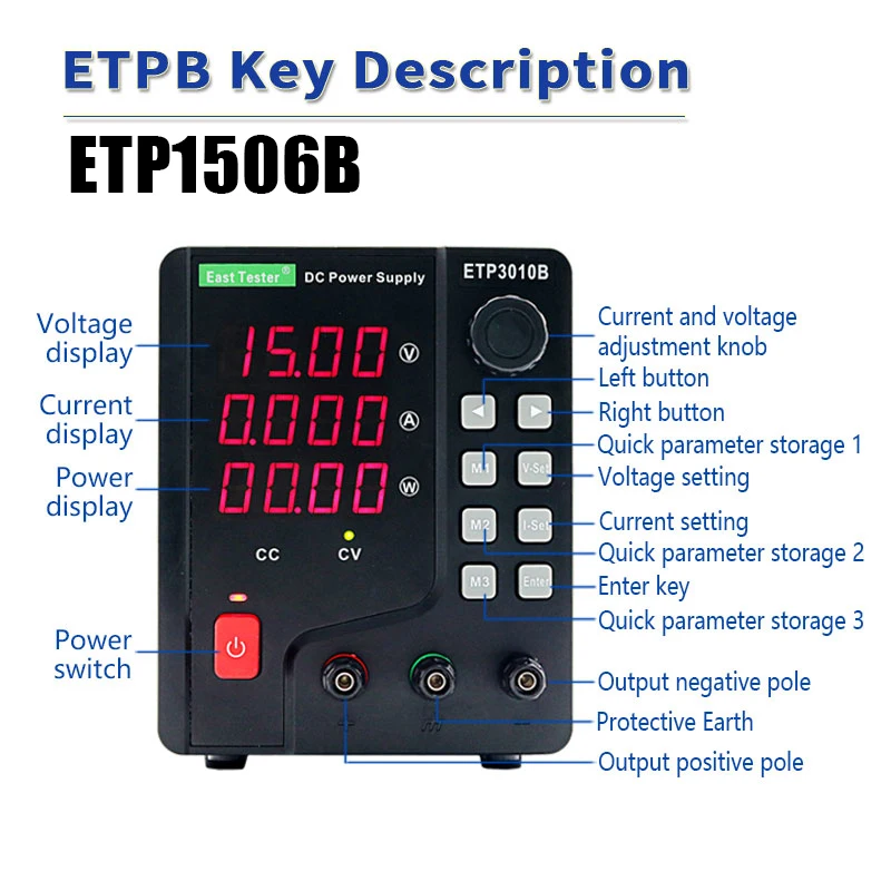 

DC Power Supply ETP1506B 15V 6A/90W LED Digital Display Voltage Current Adjustable Remote Control Over Temperature Protection