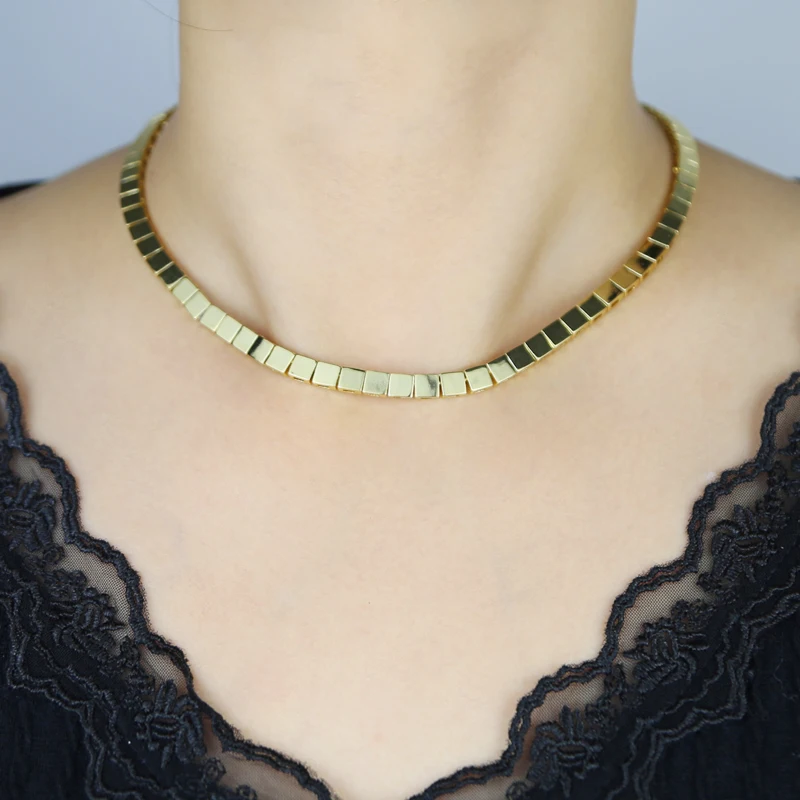 Classic Gold Color and White Square Cz Tennis Necklaces for Women Men Paved Cubic Zirconia Brass High Quality Fashion Jewelry