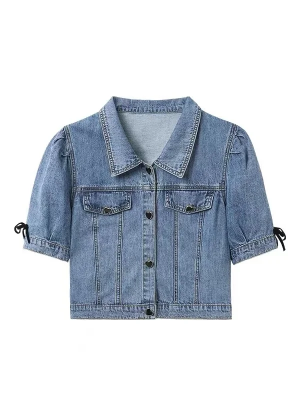 初秋韓国香港スレオルスヴェレディースジーンズジャエット薄手アウター万能バブルスヴェ襟