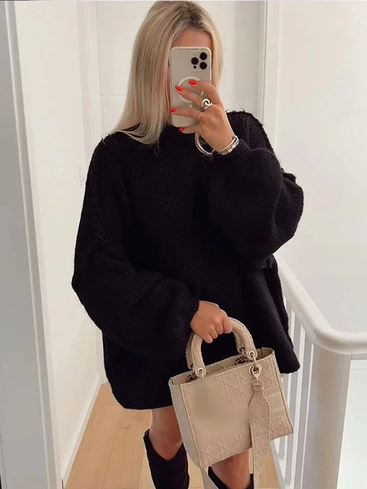 Casual Women Sweaters Oversized Warm Knitted Pullover Solid O-Neck Long Lantern Sleeve Sweater Lady Autumn Commuting Knitwear