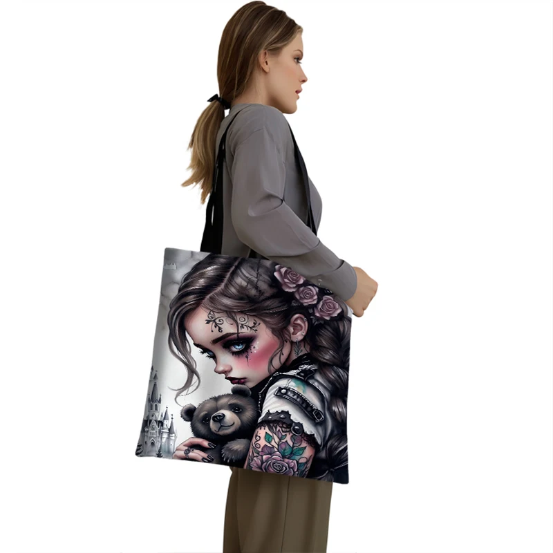 Cartoon Gothic Girl and Bear Doll Print Shopping Bag Goth Girl Women Totes Handbag Large Capacity Shoulder Bag Portable BookBag