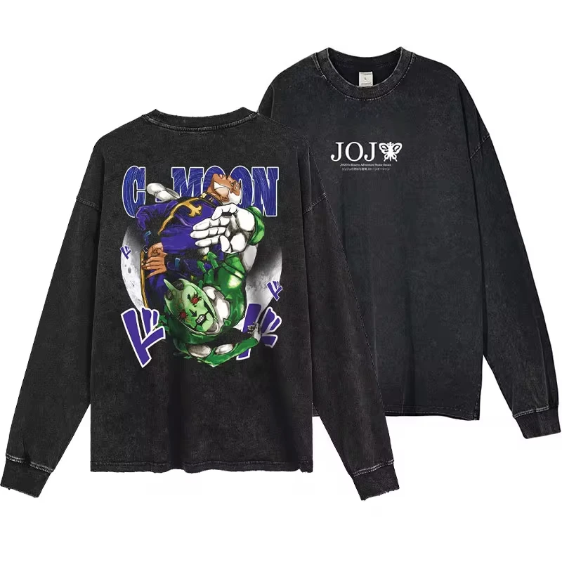 Anime JoJo Sweater Vintage Washed Dio Jotaro Jolyne Giovanna Long Sleeve T Shirts JoJos Bizarre Adventure Sweatshirts Tops Tees