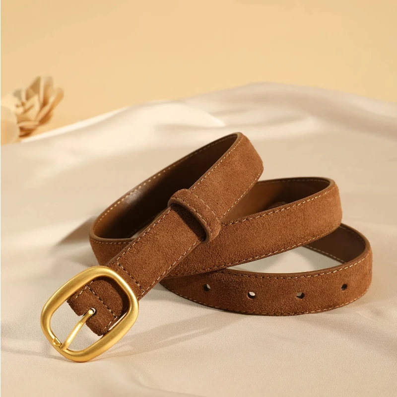 Sabuk Wanita Gaya Vintage - Kulit Suede Rusa dengan Gesper Oval Emas untuk Celana Jeans