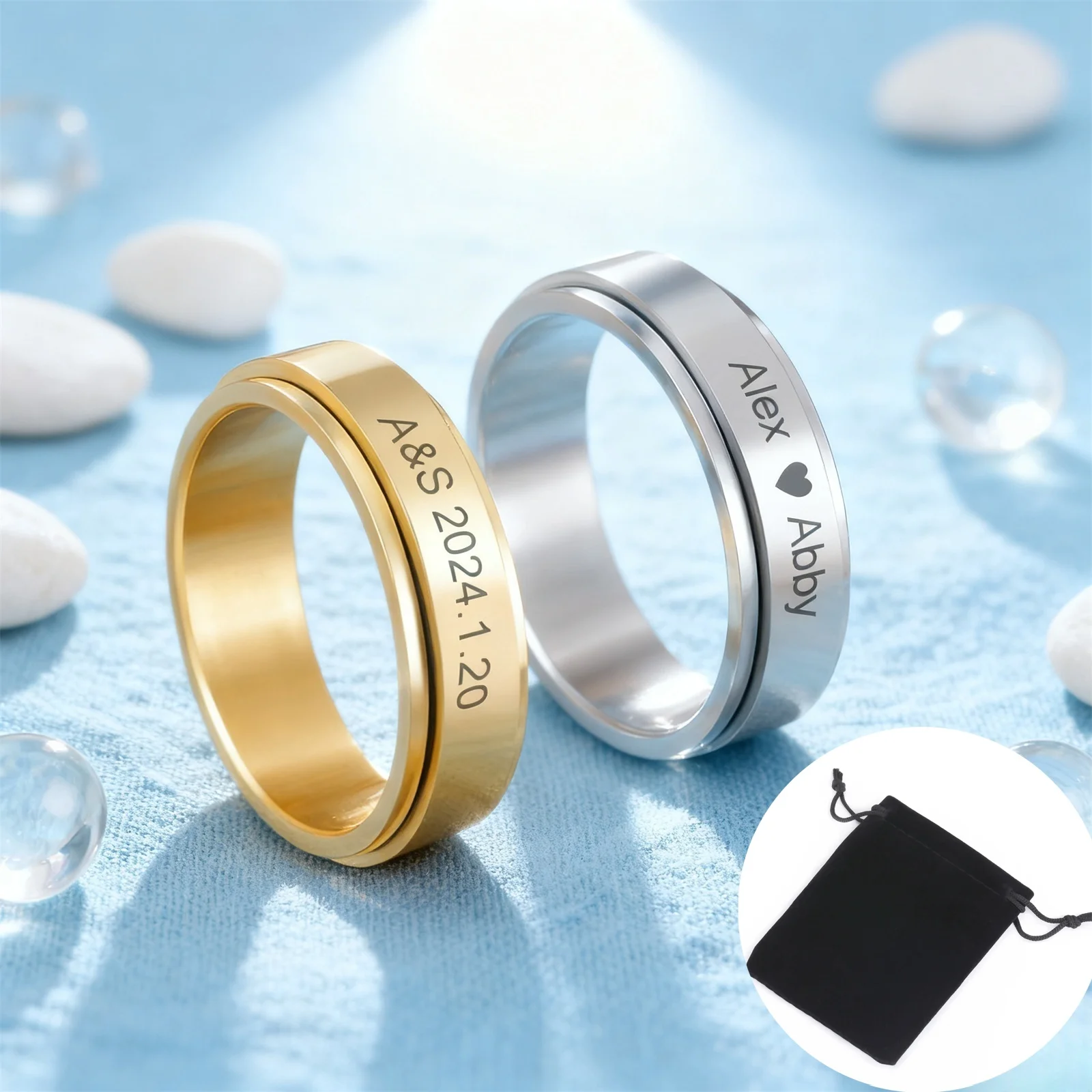 Customized Sculptible Name Date Couple Ring Stainless Steel Double Layer Rotating Ring Fashion Jewelry Party Gift