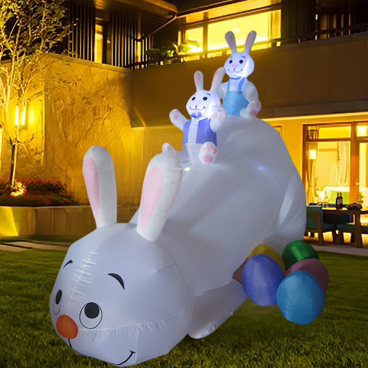 10 Ft Gian Easter Inflatables Bunny with Rabbits Eggs Easter Outdoor Decoration Inflatables Bunny Blow Up LED Lighted Easter Toy