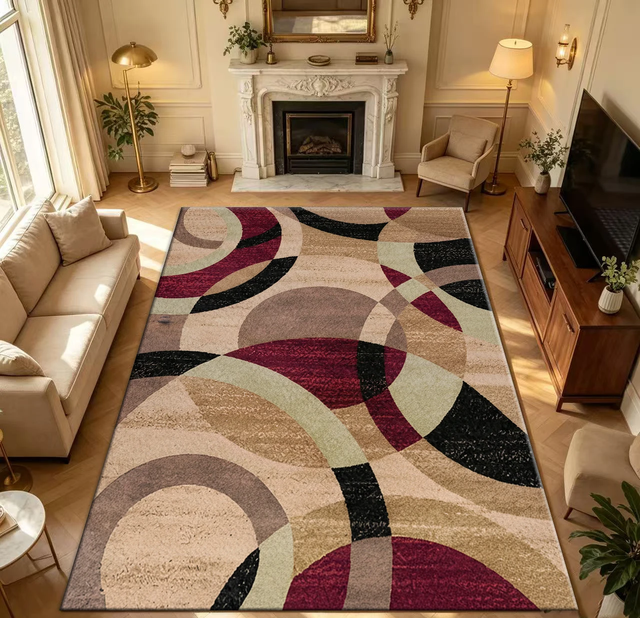Retro Geometric Round Carpet, Mid-Century Modern Abstract Carpet, Non-Slip, Washable, Living Room and Bedroom Floor Mat