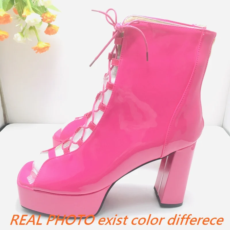 REAVE CAT Patent Leather Female Sandals Peep Toe Ultrahigh Heel 12cm Platform 4cm Lace Up Fashion Shoe Size 48 49 50