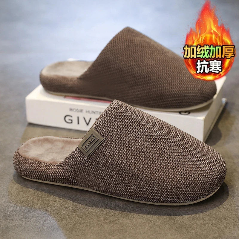 MenClosedToeWinterHome Slippers Linen Surface Fleece Lined Non Slip Soft Sole Breathable Comfort Warm Indoor Casual House Slides