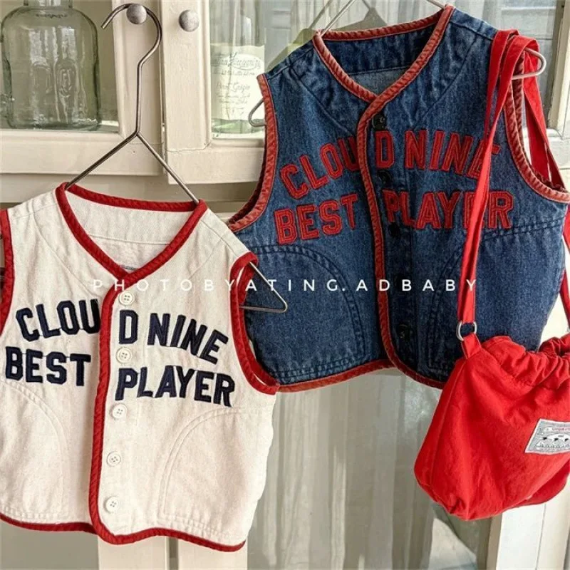 

1-10Y Children's Vest 2025 Spring Autumn New Item Letter Camisole Top for Children Korean Boy Girl Color Collision Denim Vest