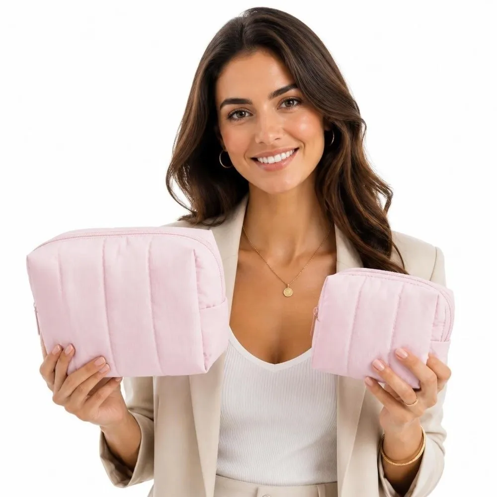Trendy Large & Small Makeup Bag Set Large Capacity Puffy Travel Toiletry Bag Water-resistant Portable Cosmetic Bag Travel