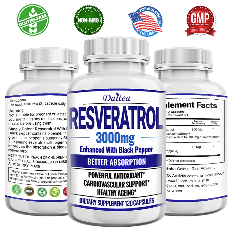 Extra Strength Resveratrol Natural Black Pepper, Healthy Aging, Heart Health, Brain Health, Oxidative Stress Gluten Free Non-GMO