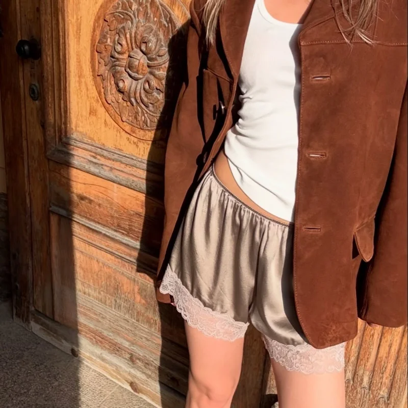 여성용 새틴 미니 반바지 레이스 트림 로우라이즈 마이크로 박서 반바지 하프 슬립 슬립웨어 Y2K 코케트 실크 라운지 슬립 파자마 팬츠