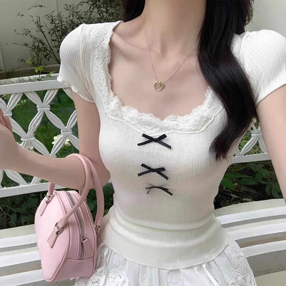 Camiseta de manga corta estilo Ballet para mujer verano BM Petite dulce chica picante Nudo de mariposa primavera otoño Top encaje Patchwork