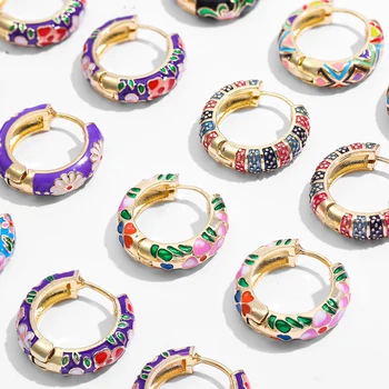 Vintage Enamel Flowers Cute Huggies Hoop Earrings for Women Classic Colorful Engraved…