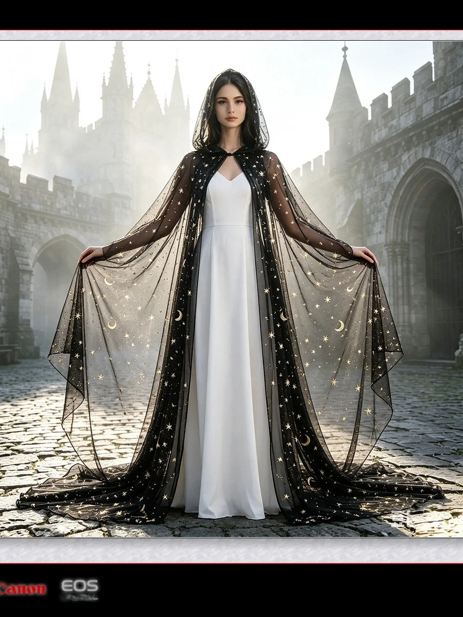 Halloween Long Tailed Feather Boa Black Star Moon Mesh Shawl Princess Castle Theme Lightweight Draping Robe for Women