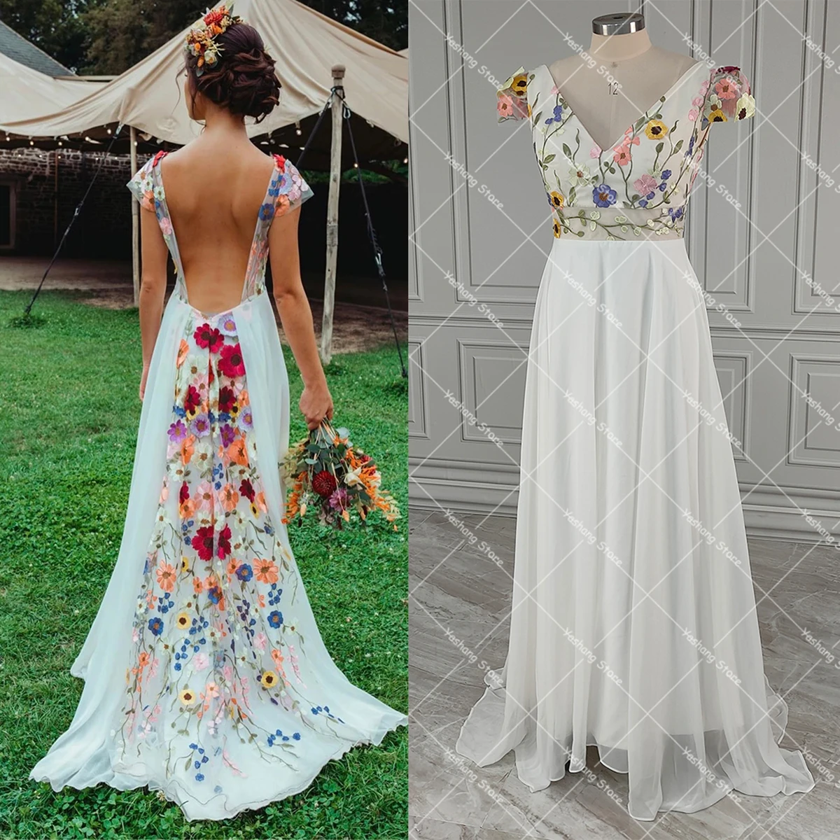 Deep Customized Colorful 3D Flowers Wedding Dress Cap Sleeves V Neck Blooming A Line Embroidered Chiffon Alterative Bridal Gowns