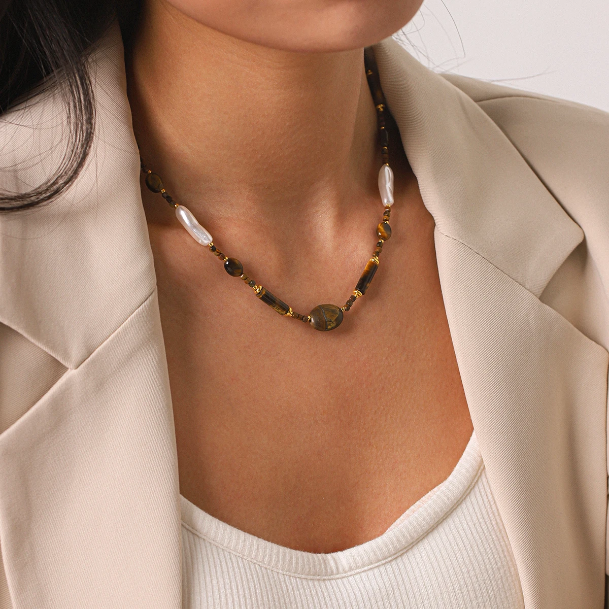 

Stainless Steel Necklace For Women Tiger Eye Pearl Beaded Chain Pendant Hypoallergenic Non Tarnish Vintage Daily Wear Jewelry