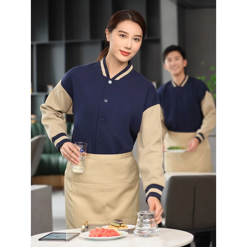 Sweater Overalls Catering Waiter Group Baseball Uniform Business Attire Autumn and Winter Hot Pot Restaurant Milk Tea Shop Fleec