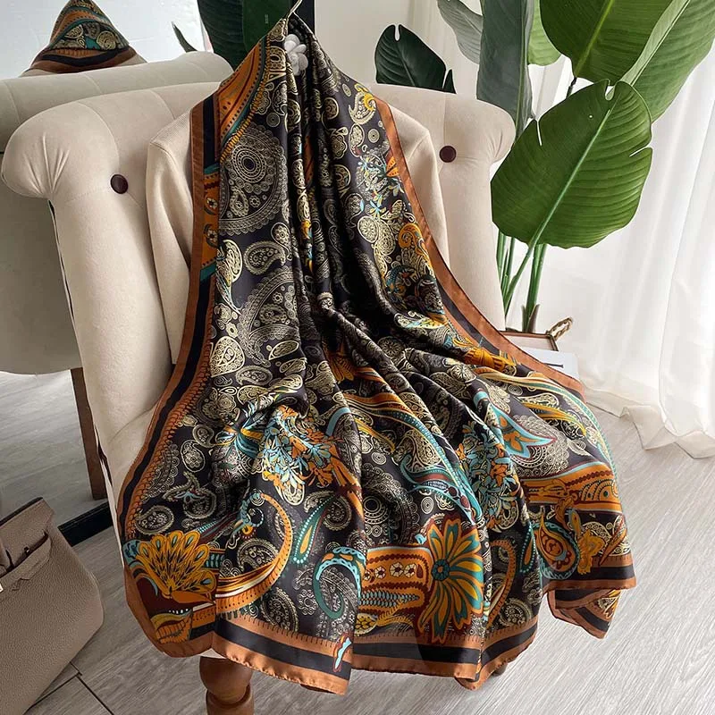 2023 Autumn Winter New 180*90cm Silk Scarf Women Putdoor Windprrof Large Size Shawl Beach Long Soft Printed Scarf for Lady Hijab