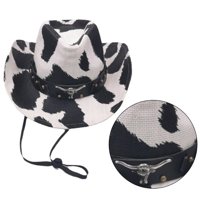 Woman Cowboy Hat with Cow Pattern for Disco Party Teens Breathable Straw Hat