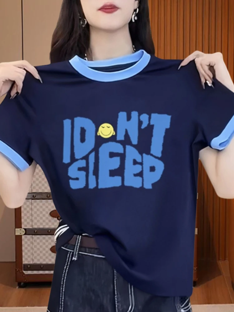 Women's Pure Cotton Short Sleeve T-shirt Letter Print Half Sleeve Top Fashionable Summer New Style European Goods Cotton Tee