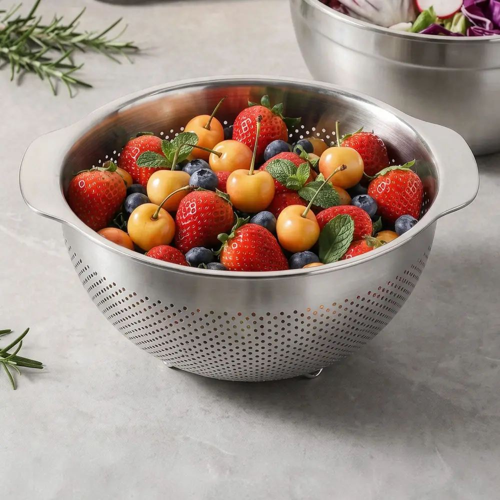 304 Stainless Steel Draining Basket Kitchen Vegetable Fruit Washing Bowl Colander Basin Double Handle Food Strainer