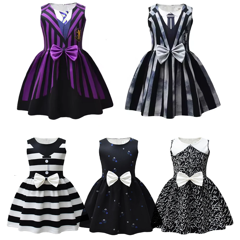 

Girls Halloween Costume Kids Black Floral Striped Pattern Dress Wensday Bow Decoration Puffy Gown Child Carnival Party Clothes