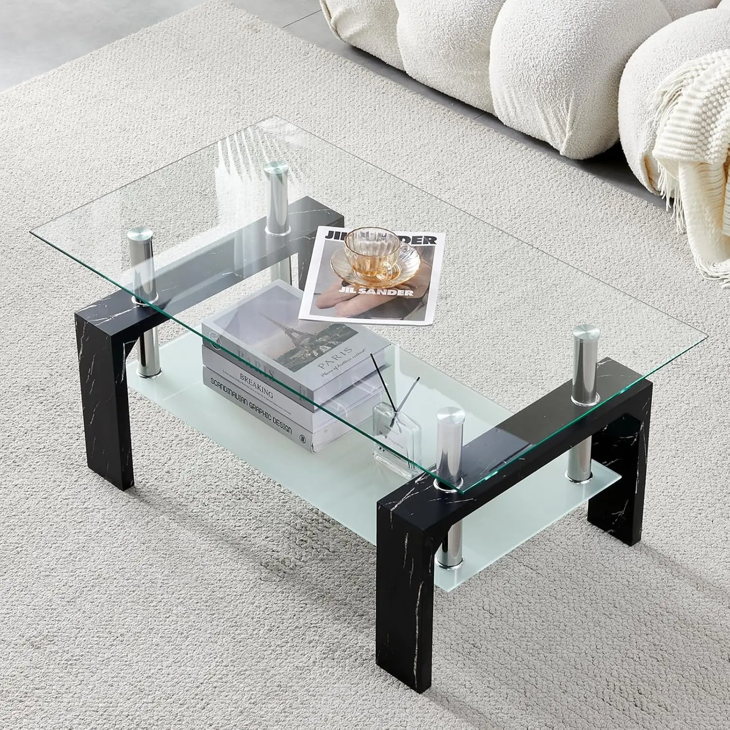 

Room Rectangle Coffee Table, Tea Table Suitable for Waiting Room, Modern Side Coffee Table with Wooden Leg, Glass Tabletop with