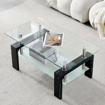 Image Room Rectangle Coffee Table, Tea Table Suitable for Waiting Room, Modern Side Coffee Table with Wooden Leg, Glass Tabletop with