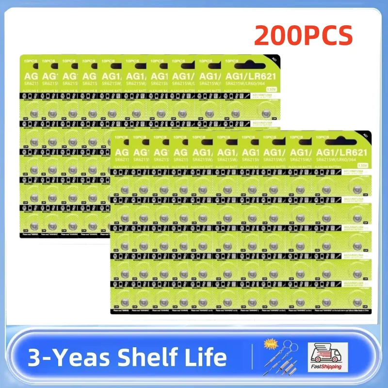 

200PCS AG1 LR621 364 V364 164 531 SR621 SR621SW SR60 CX60 1.55V Alkaline Battery For Watch Car Key Remote Toy Button Coin Cell
