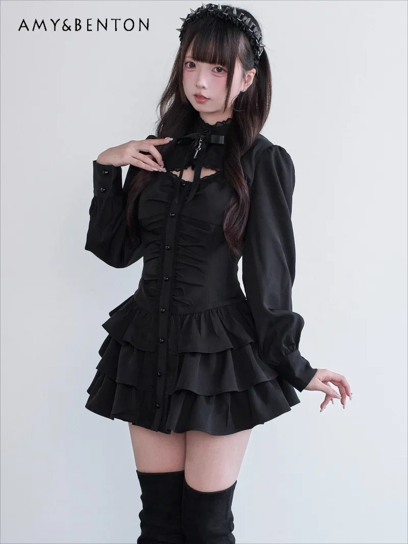 

Gothic Cute Bow Mine Series Women Clothing Original Japanese Subculture Mass-Produced Hollow Long Sleeve Slim Mini Dress Shorts