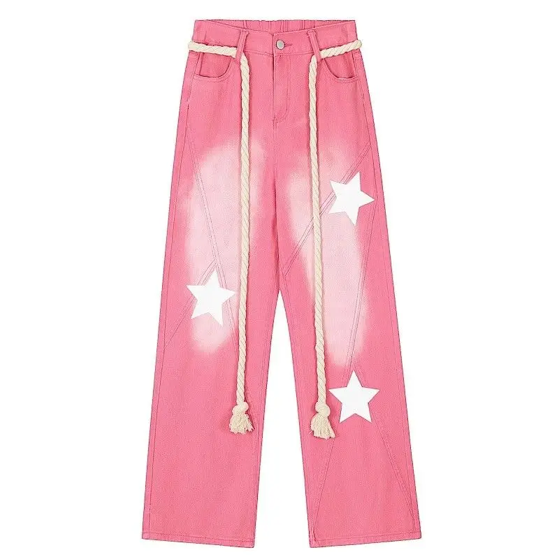 Pantalones vaqueros ajustados con diseño de estrella pequeña, Jeans rosas sueltos de cintura alta, pantalones vaqueros rectos de moda, pantalones Harajuku Retro de talla grande