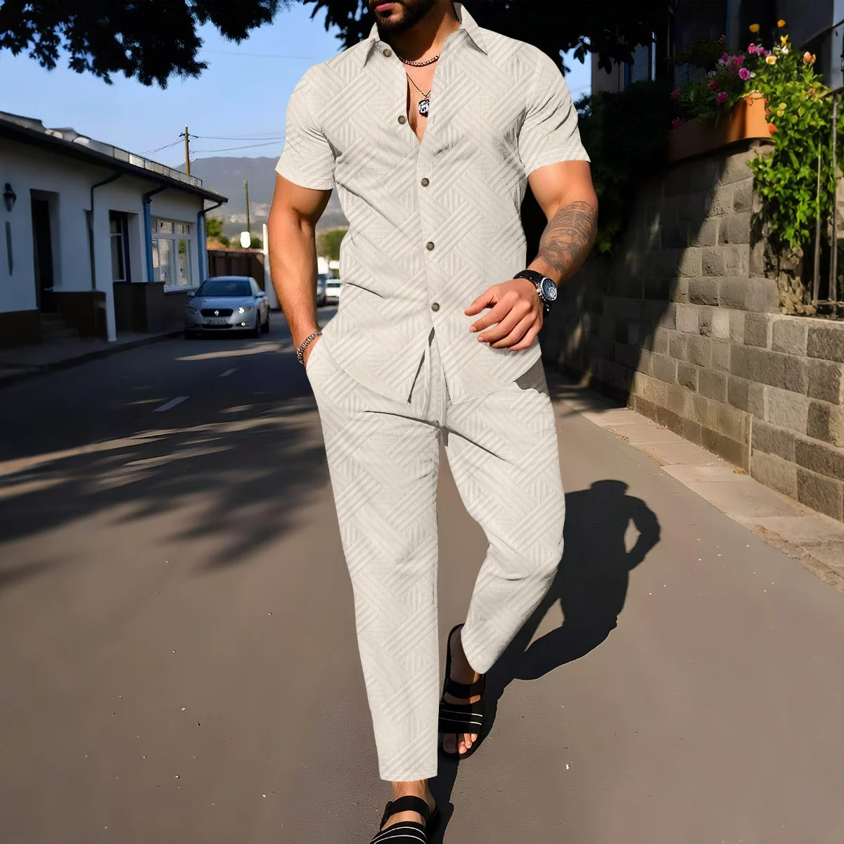 

Summer 2025 Men's Solid Color Jacquard Polo Two-Piece Set - Short-Sleeve Shirt And Long Pants Outdoor Stylish Suit for Men