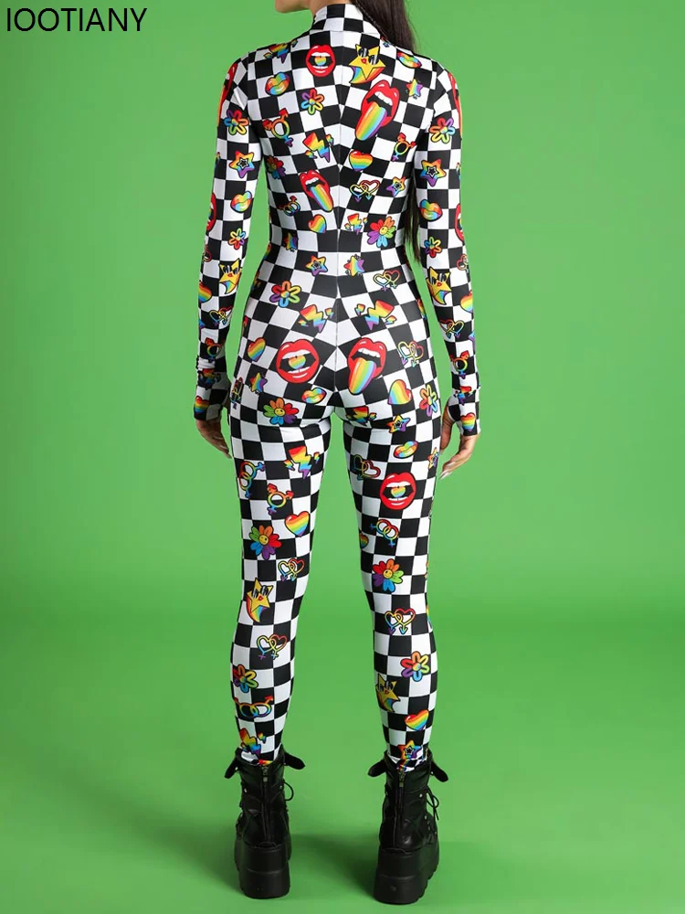 Women Abstract Art Print Jumpsuit Plaid Bodysuit With Rainbow Symbol Festival Zentai Suit Halloween Party Morphsuit Rave Outfits