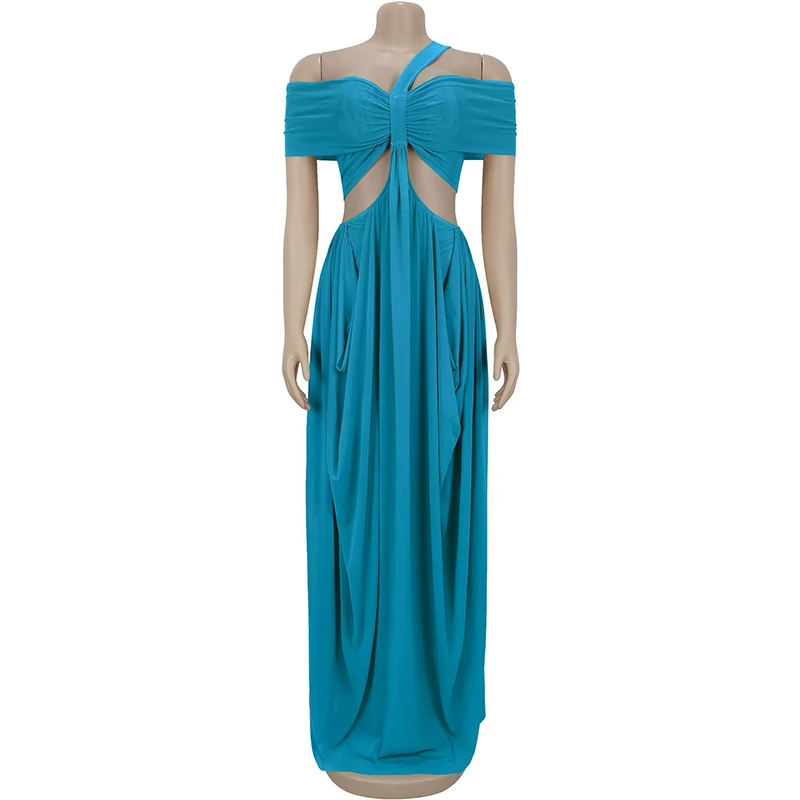 Kricessen Wunderschönes, schulterfreies, unregelmäßig drapiertes, langes Maxikleid mit Ausschnitten für Damen, glamouröses Mesh-Patchwork-Partykleid, Nachtclubwear