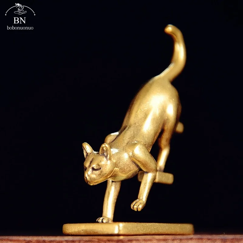 Hot Sell Go Downstairs Cat Miniatures Figurines Brass Animal Cat Small Statue Desktop Ornaments Vintage Home Decorations Crafts