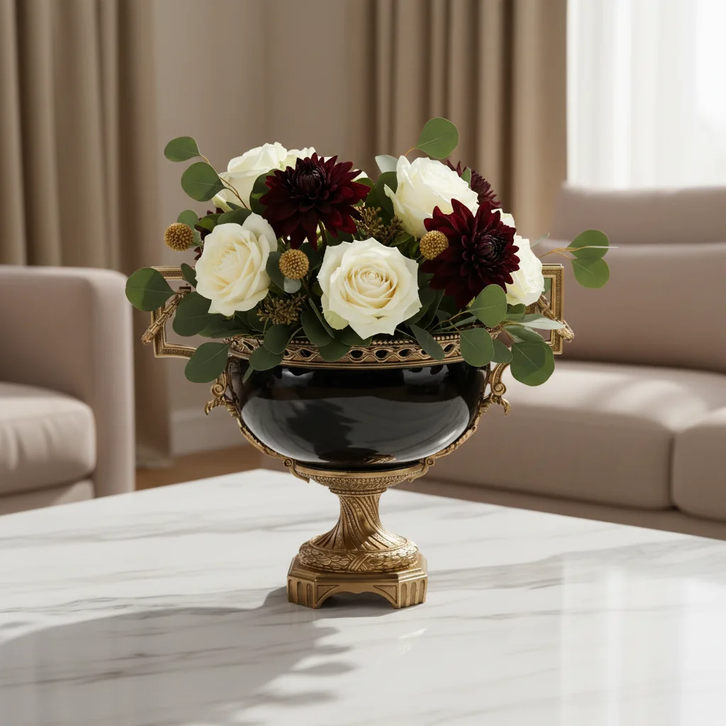 &c Meiju European-style High-temperature Porcelain Black High-foot Copper Base Copper Flower Pot Decorative Large
