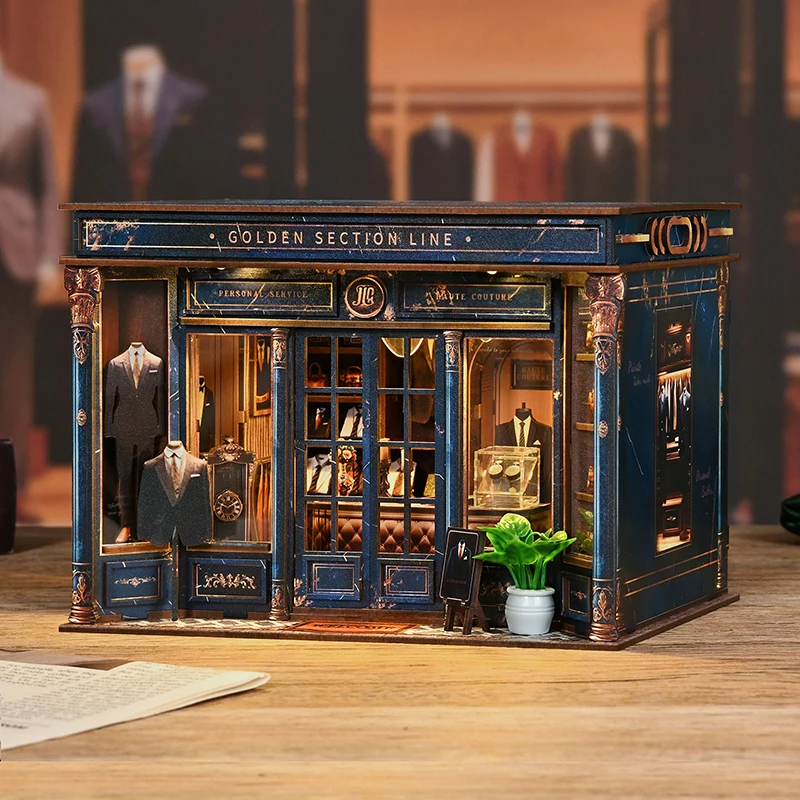 Kit de Montagem DIY para Estante de Livros em Miniatura com Tema de Loja de Roupas em Madeira, Modelo em Miniatura com Linha da Seção Dourada, Suporte para Livros, para Presentes de Aniversário de Amigos