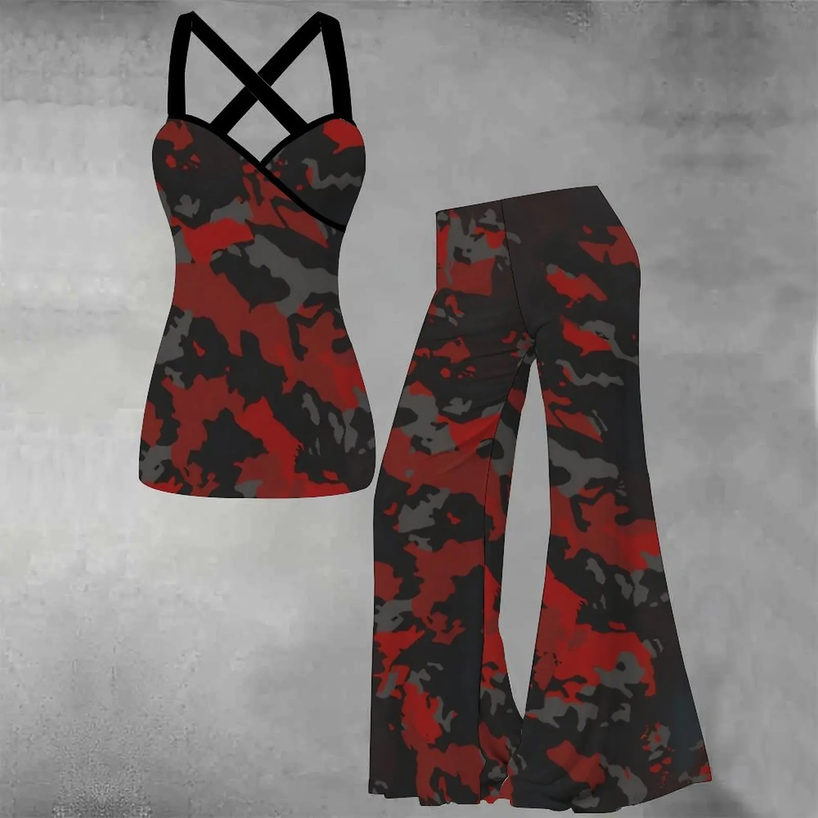 Women's Vintage Mopping Pants  Design Set Daily Street Two-piece Set Sexy Flared PantElegant Tank Top Slim Top Crossed Back