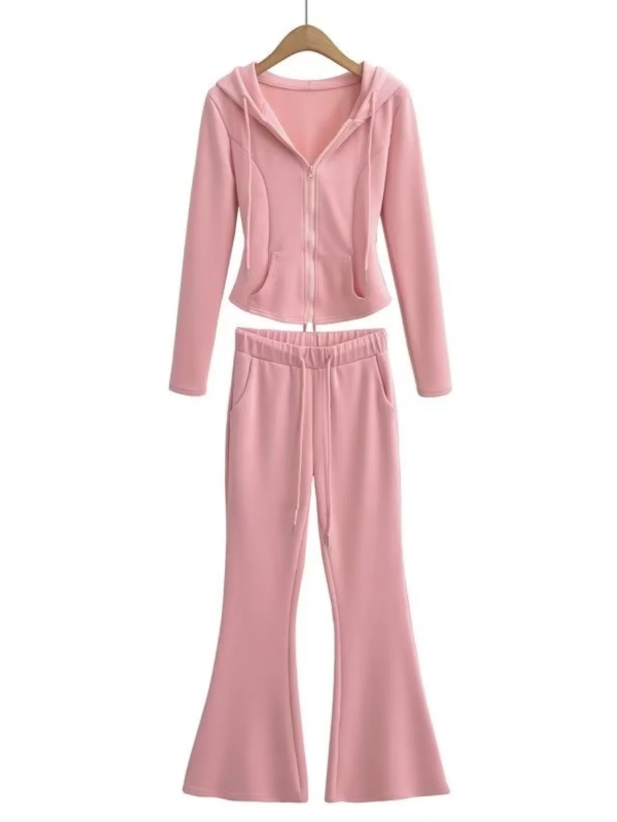 Spicy Girl Lazy Style Waist-Cinching Belted Hoodie Jacket Flared Pants Fashionable Pocket Casual Set Autumn 2023 Collection