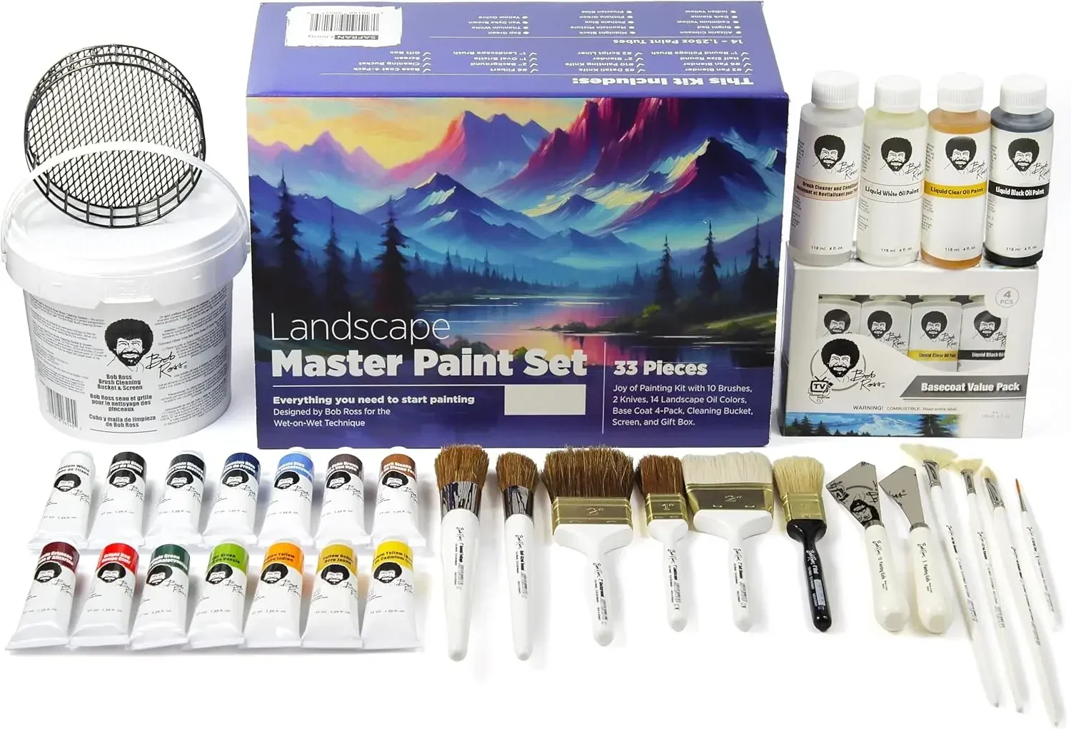 Painting Supplies 33 Piece Complete Master Paint Set - Joy of Painting Kit w/ 10 Brush, 2 Knife, 14 Landscape Oil Colors, Base C