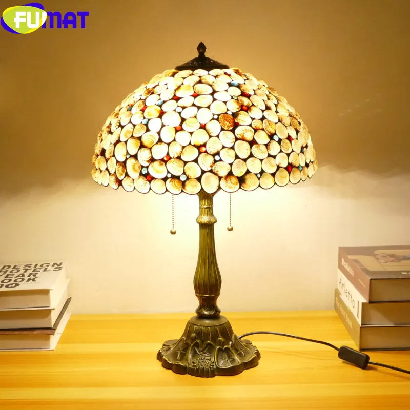 

FUMAT Tiffany style stained glass American romantic shell retro desk lamp for bedroom bedside lamp restaurant cafe LED decor