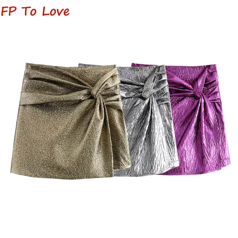 

Y2K Sexy Knot Embellished Champagne Short Dress PB&ZA Woman Metallic Irregular Silver Grey Mini Shorts Purple